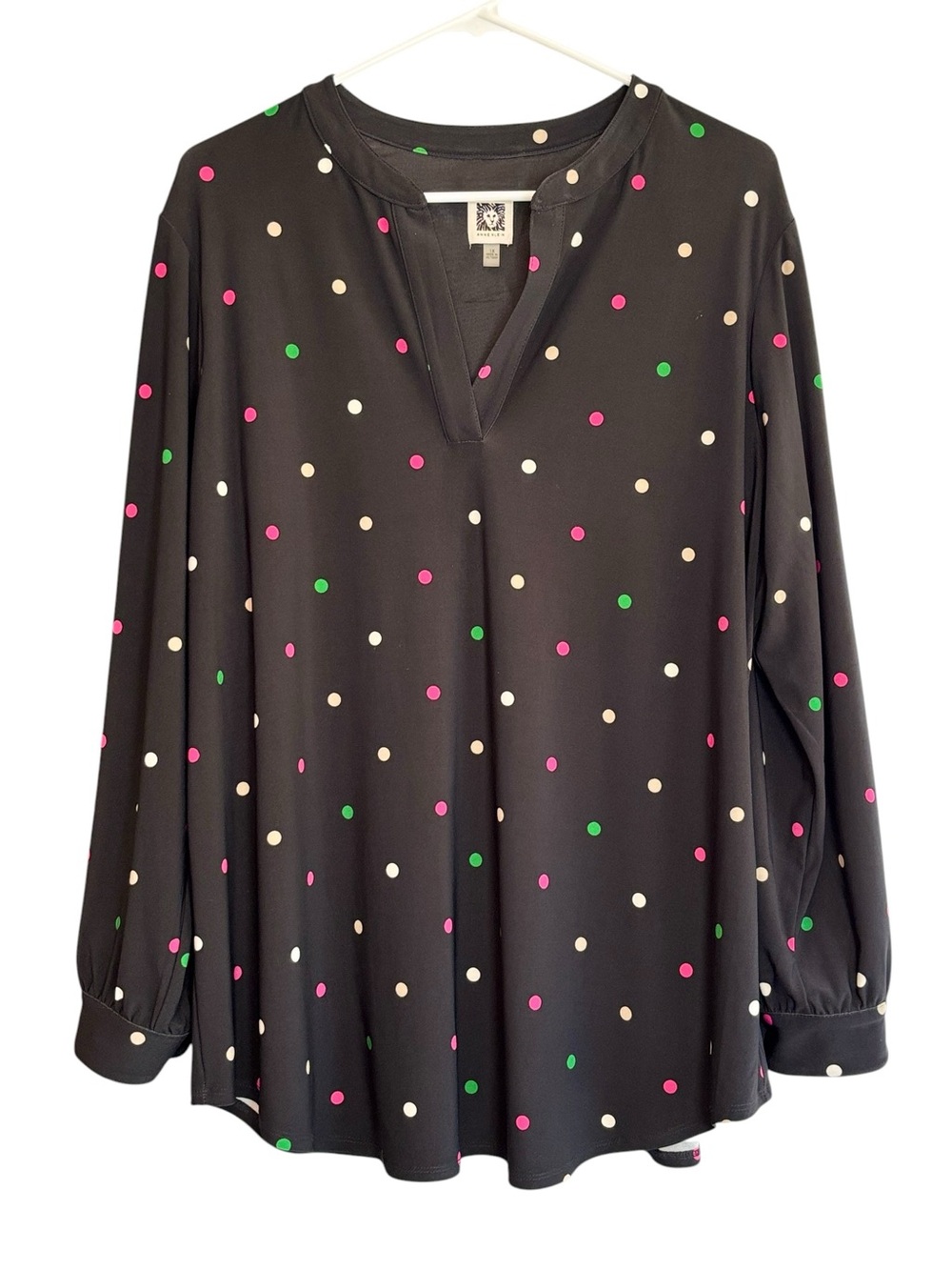 Anne Klein 1X Black Multicolor Polka Dot Long Sleeve V-Neck Blouse Plus Size